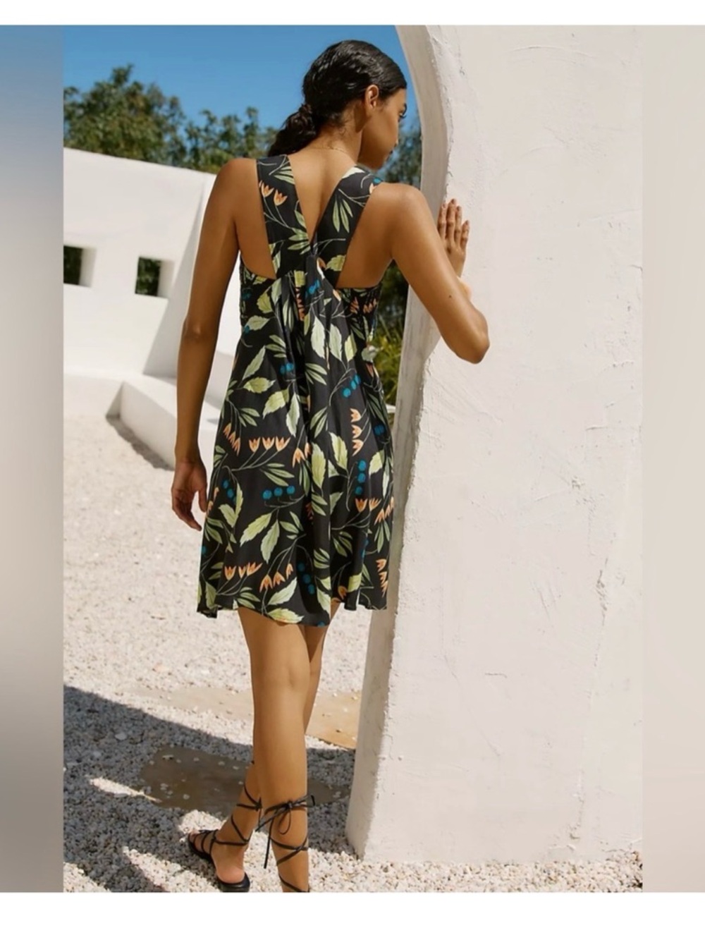 Anthropologie Black Leaf-Print V-Back Mini Dress